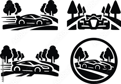 Black silhouette car with passengers on road and circular road sign circular sign