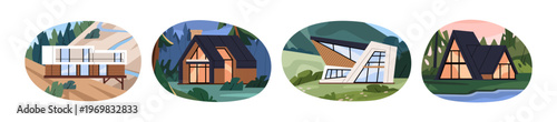 Houses on landscapes set. Modern suburb architecture. Facades of residential buildings: chalet, cottage, villa. Suburban residences on meadows, mountains. Flat isolated vector illustrations on white