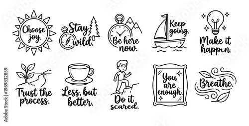Motivational Quote Line Art Clipart Set — 10 Inspirational Word Art Doodle Stickers PNG SVG Vector Illustration