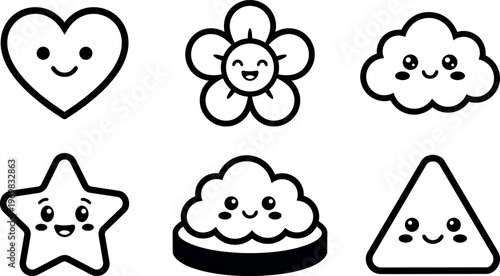 Cute black and white kawaii smiley icons heart flower cloud star cake and triangle