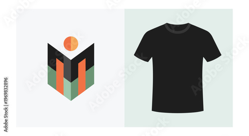 Black t-shirt on light green background with orange and black for branding and advertising