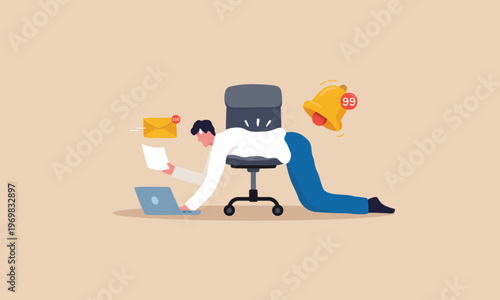 Work Overload Concept, Employee Exhausted with Notifications and Emails