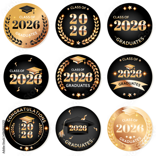 A set of vector gold and black graduate medals on a white background. Class of 2026 medal awards ceremony.