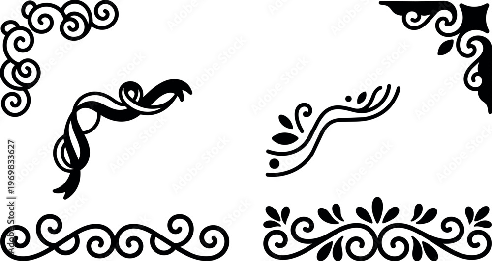 Fototapeta premium Black ornamental corner swirls and flourishes vector art set