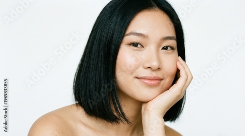 Close-up portrait of a serene young Asian woman with healthy, glowing skin, gently smiling and resting chin on hand against a clean white background, ideal for beauty and wellness concepts.