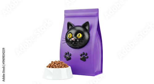 Purple Cat Food Bag with Black Cat Face and Bowl of Kibble