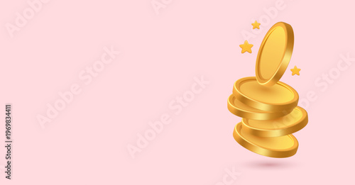 Stack of shiny gold coins floating with small stars on pastel background. Minimal 3D finance icon for banking, savings, investment, and money concepts.