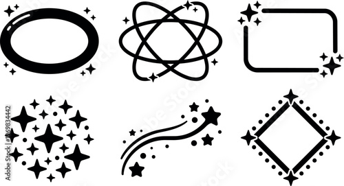 Black sparkle elements with stars and geometric frames vector art