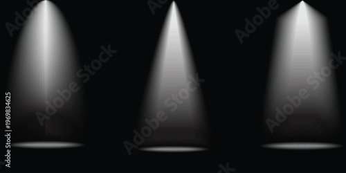 Dramatic stage lighting three spotlights illuminate a dark void creating a powerful visual effect