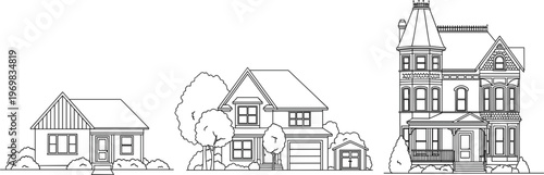 Black and White Line Art Illustrations of Various Houses with Different Architectural Styles, Including Cottage, Family Home, and Victorian Design
