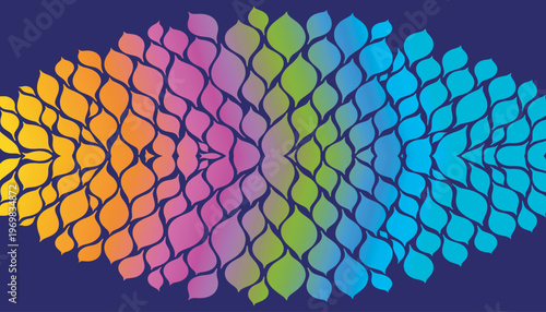 Abstract colorful gradient petal pattern symmetrical design on dark blue background.