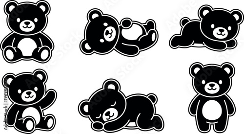 Six cute teddy bear poses including sitting smiling waving lying and sleeping