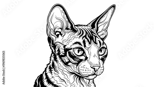 Sphynx Cat Portrait Black and White Line Art Drawing, Unique Breed, Expressive Eyes, Detailed Fur Texture