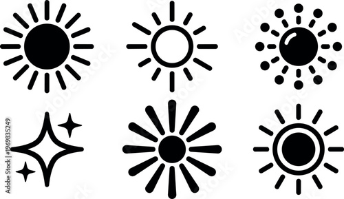 Black sun icons set with different rays and sparkle vector art