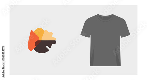 Gray t shirt mockup with colorful abstract shapes on white background for branding