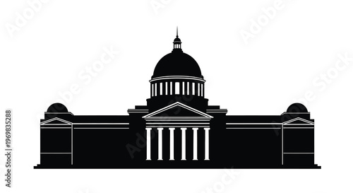 Detailed black silhouette of a classical building with a prominent dome silhouette