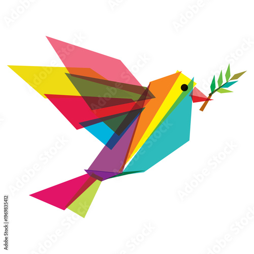 Abstract colorful peace dove with olive branch geometric shapes overlap and transparency isolated on white background