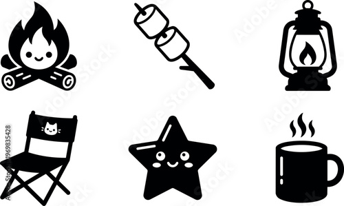 Cute campfire marshmallows lantern chair star mug black silhouette icons