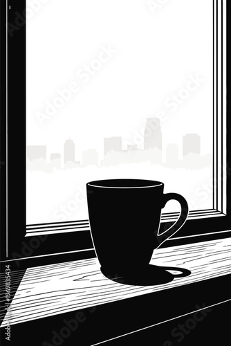 Coffee Mug on Windowsill Silhouette with City Skyline Background
