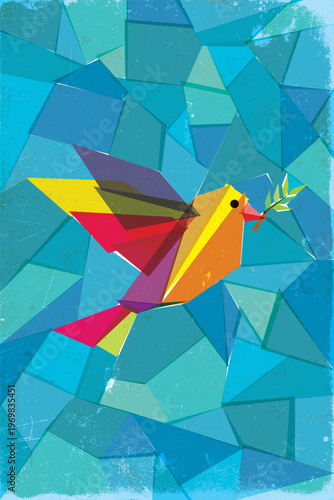 Abstract peace dove with olive branch geometric shapes vivid colors overlap and transparency have scratches and distress texture vertical template