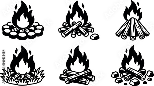 Black and white campfire icons with logs and stones in six styles