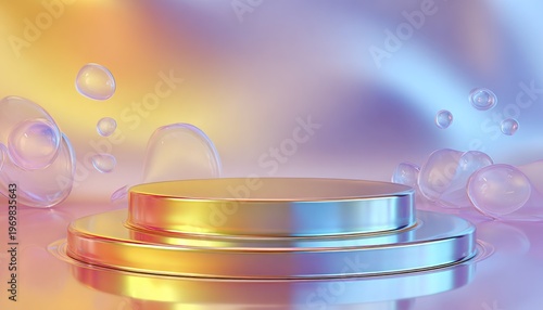 Holographic pastel podium with floating bubbles abstract luxury product display background