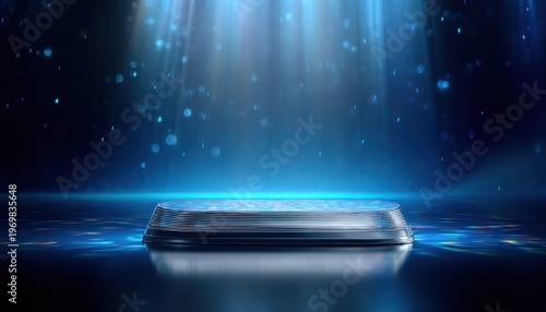Futuristic blue stage podium with light rays and glowing particles product display background