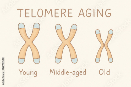 Scientific illustration of telomere aging process showing chromosome shortening. Biology diagram explains genetics and dna changes in cell from young to old