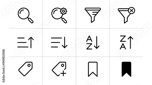 Modern line icons for user interface design, including essential tools for searching, data filtering, content sorting, and bookmarking. Perfect for enhancing web and mobile application usability