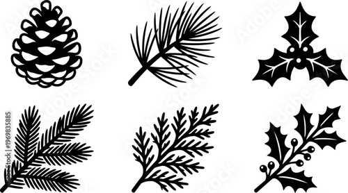 Black and white pine cone holly and pine branches vector art set