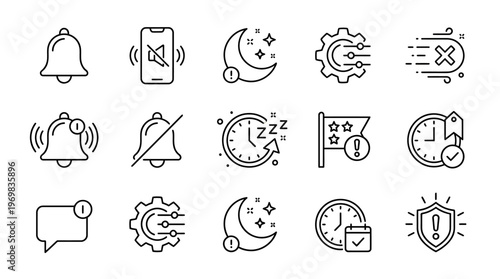 Comprehensive vector line icon set for user interface design, featuring alerts, notifications, silent modes, time management, sleep, security warnings, and system settings