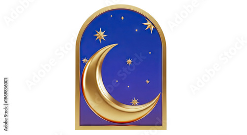 Golden Crescent Moon and Stars in Arched Frame