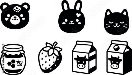 Black and white cute bear bunny cat honey strawberry and milk carton icons