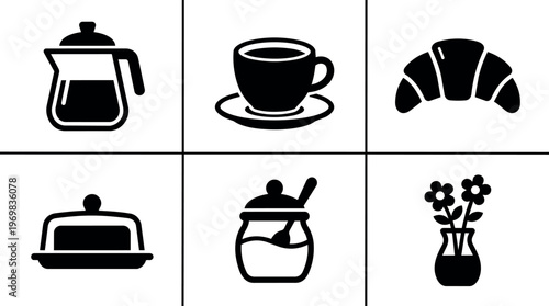 Black and white coffee pot cup croissant butter jar and flower vase icons
