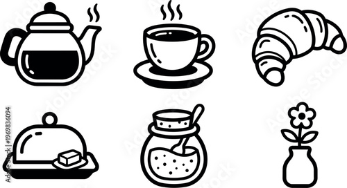 Black and white line art coffee pot cup croissant honey jar and flower vase