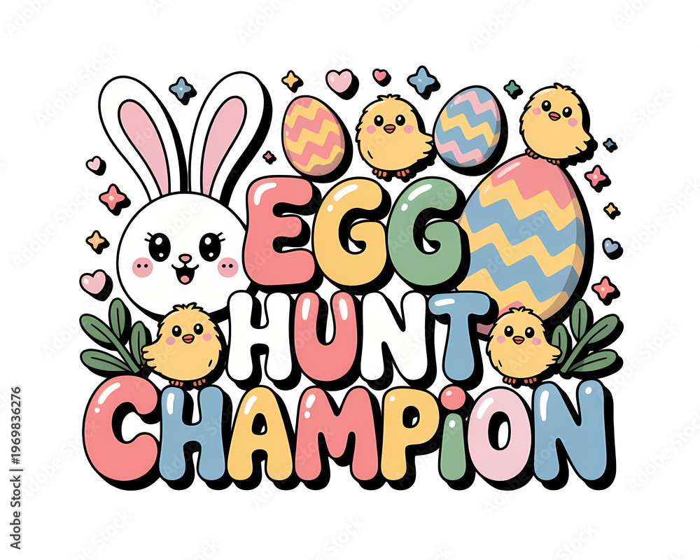 Naklejka premium Adorable bunny and chicks easter egg hunt graphic art