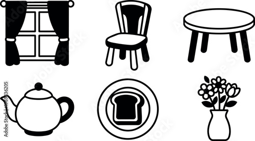 Black and white line art kitchen icons with teapot chair table bread and flower vase