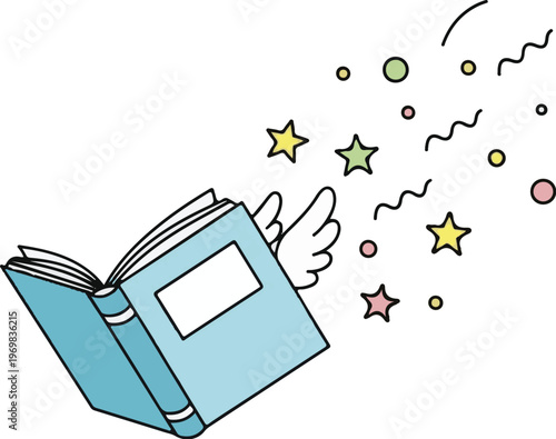 Flying books, simple vector shapes, playful style, white background