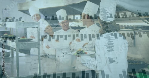 Presenting chef holding plate, showing team for review, causing data charts sweeping across pass