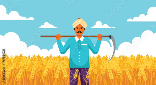 Farmer in a wheat field holding a sickle tool
