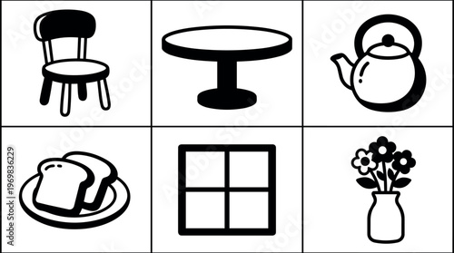 Black and white kitchen icons chair table teapot bread window flowers