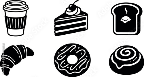 Black and white icons of coffee cup cake toast croissant donut and cinnamon roll