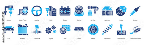 Car Maintenance Icon Set Collection Pack Banner Web Vector Illustration  Concept. Containing Injector, Water Pump, steering, Fluid, Battery, Bearing icon