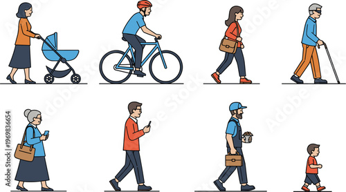 Illustration of Various People in Different Activities Including Walking, Biking, Strolling with a Stroller, and Using Smartphones