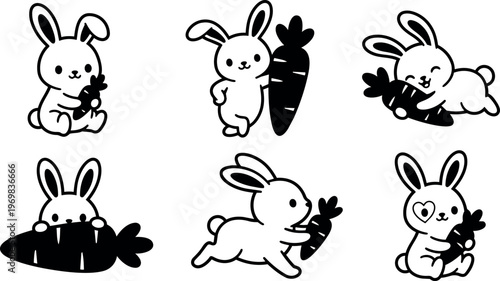 Cute black and white bunny holding carrot set with playful poses vector art