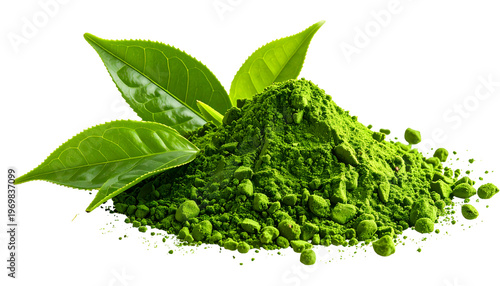 Pile of finely ground, vibrant green powder with tea leaves, set against black