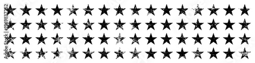 Vintage stars with cracks and stains. Old hand-drawn sign, black simple shape. Retro design element with distressed effect, grunge texture. Vector illustration