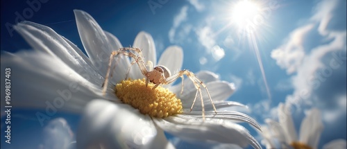 Spider on a daisy flower in sunny day with blue sky