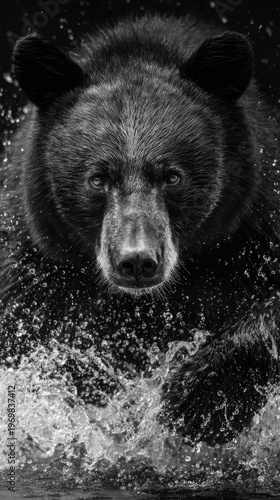 close-up of a grizzly bear emerging from water, dramatic black and white portrait