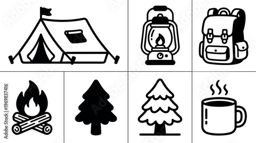 Black and white camping tent lantern backpack campfire pine tree coffee mug line art vector